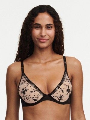 Beige Black Women Chantelle Suzy Lace Plunge Contour Bras | VNS9023AZ