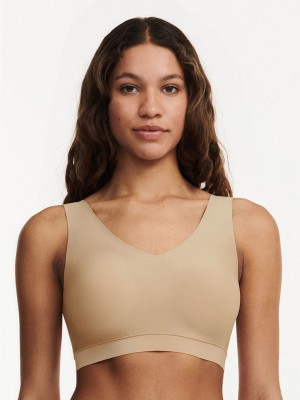 Beige Brown Women Chantelle SoftStretch Padded V-Neck Sports Bra | AQJ253VH