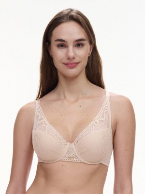 Beige Pink Women Chantelle Origins Lace Lightweight Plunge Bras | CQA7939JQ