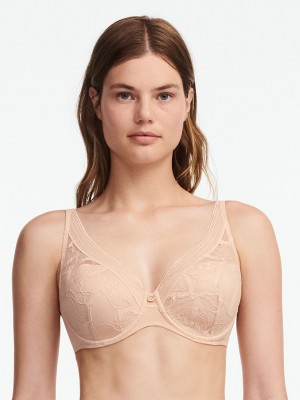 Beige Pink Women Chantelle True Lace Comfort Plunge Bras | OFO765RQ