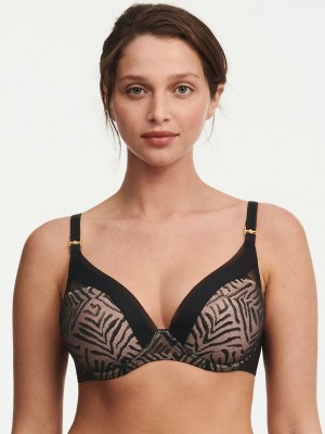 Black Women Chantelle Graphic Allure Lace Plunge T-Shirt Bra | USP6265PQ