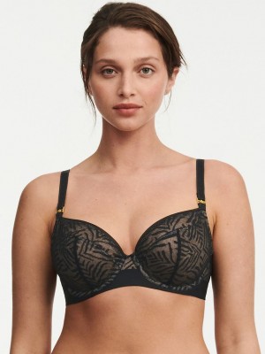 Black Women Chantelle Graphic Allure Lace Plunge Unlined Bra | TJB4419XL