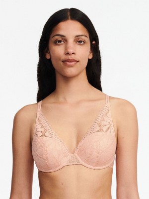 Pink Women Chantelle Sofie Lace Lightweight Plunge Bras | BJO7632DJ