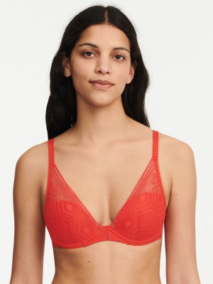 Red Women Chantelle Ondine Lace Plunge Contour Bras | UUK103PZ