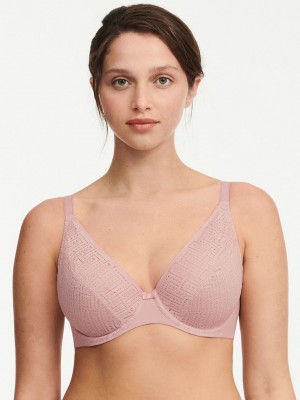 Rose Pink Women Chantelle Everyday Graphique Full Lace Plunge Underwire Bras | TAU2051HM