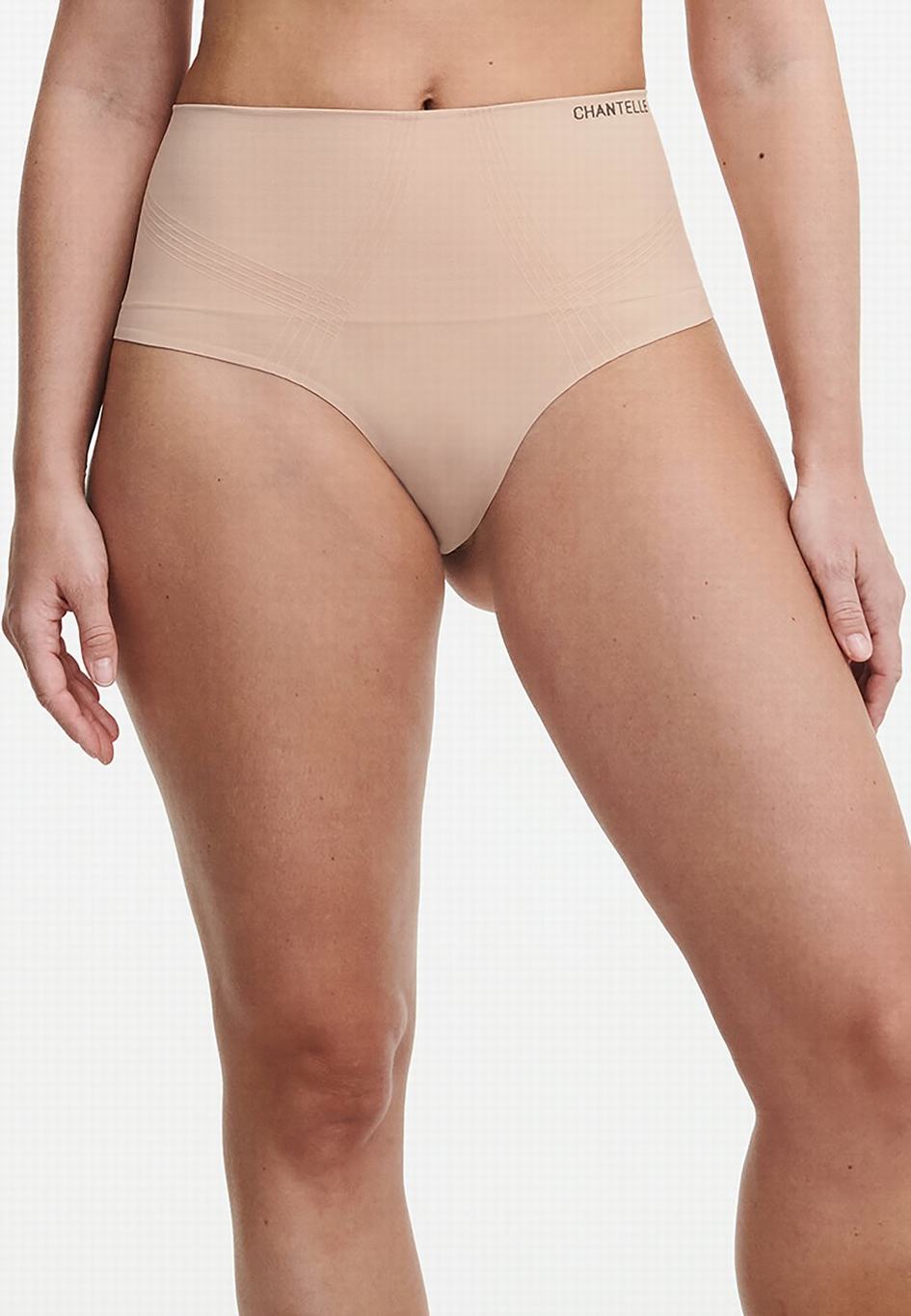 Beige Women Chantelle Smooth Comfort High Waist Light Shaping Thong Panty | WXP5799CL