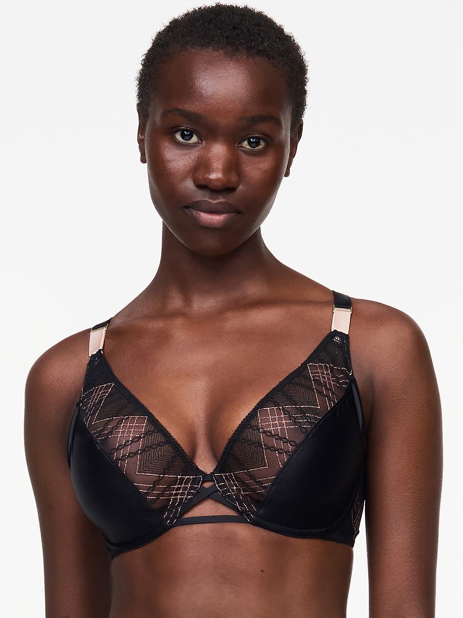 Black Pink Women Chantelle Memento Lace Plunge Unlined Bra | LSE6539VJ