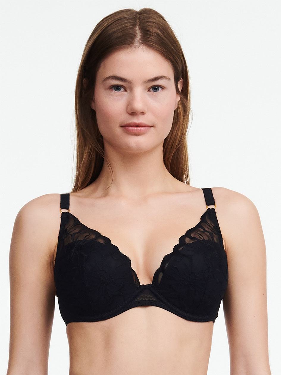 Black Women Chantelle Fleurs Plunging T-Shirt Bra | TBL5231SP