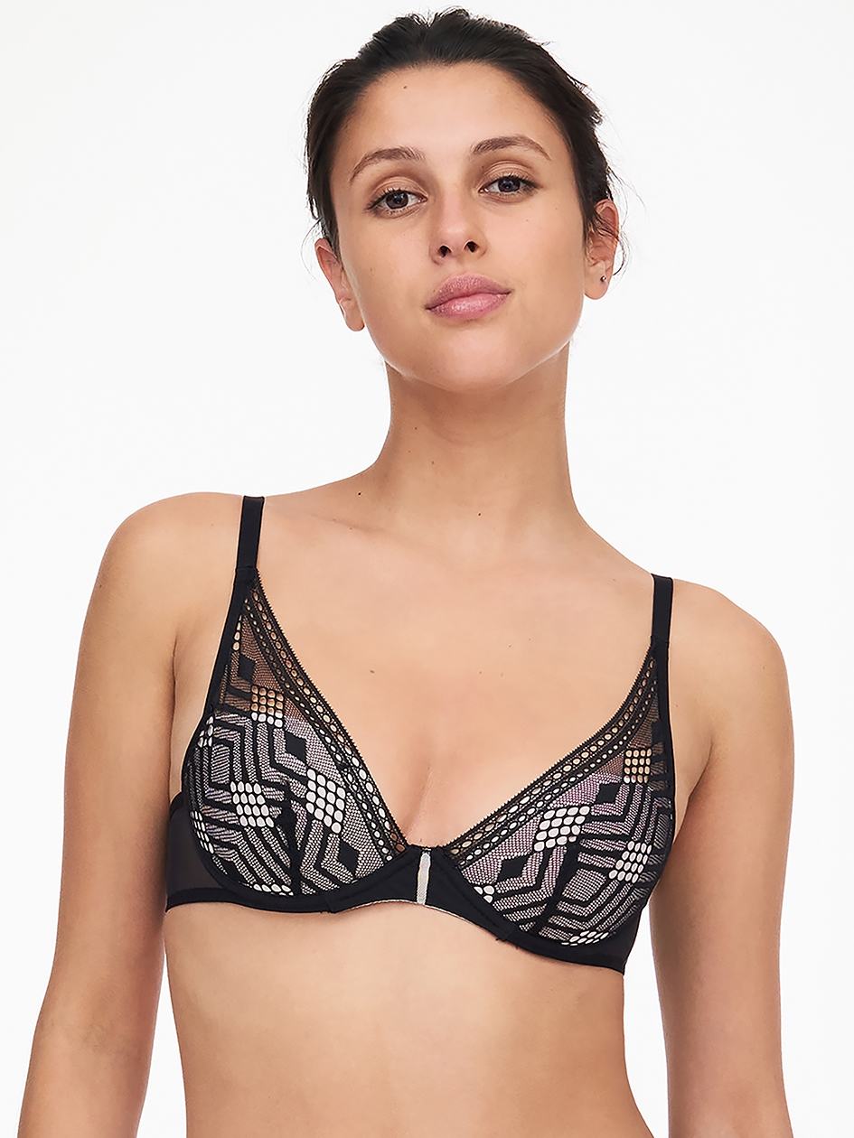 Black Women Chantelle Ondine Lace Plunge Contour Bras | ZNP568YG