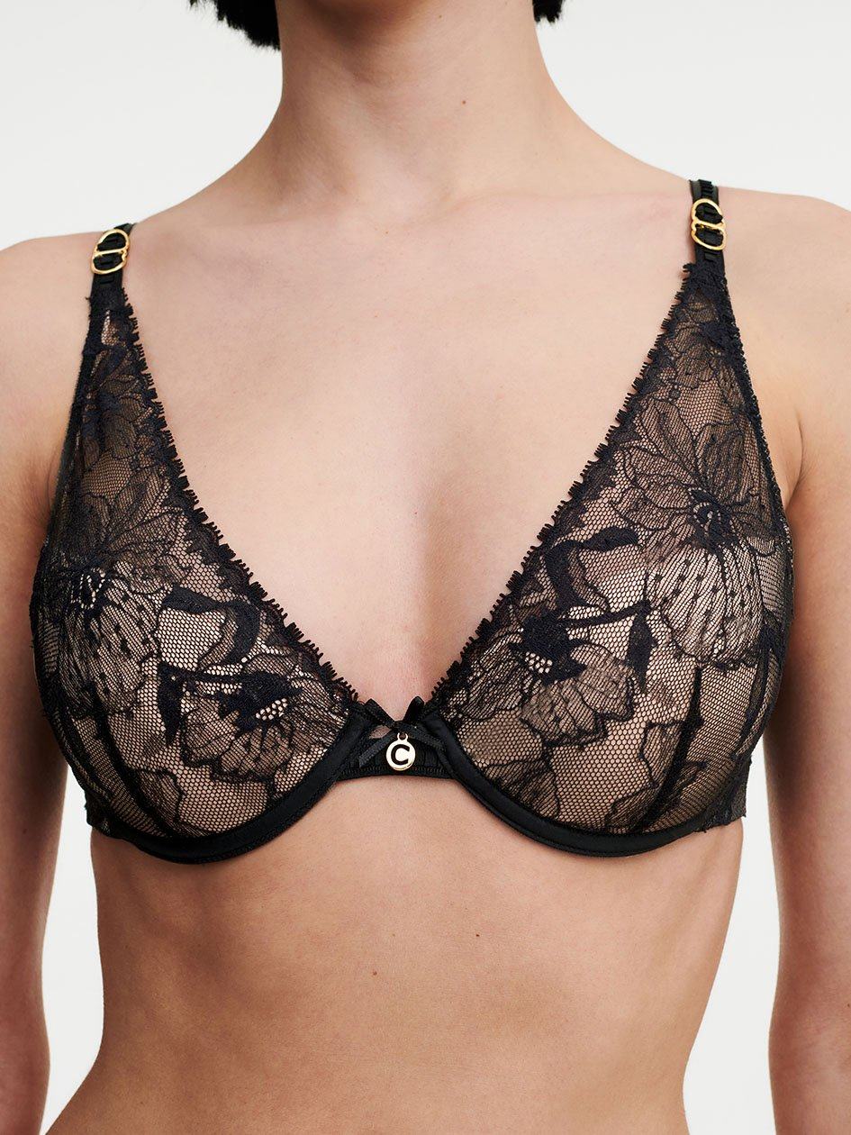 Black Women Chantelle Orchids Push-up Plunge Bra | YYE902WX