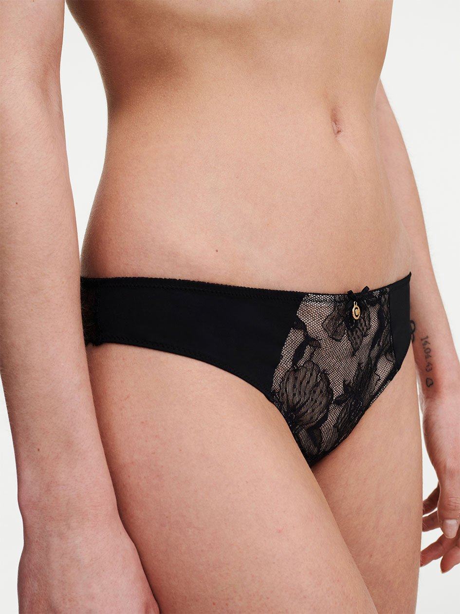 Black Women Chantelle Orchids Thong Panty | ZOK431AM