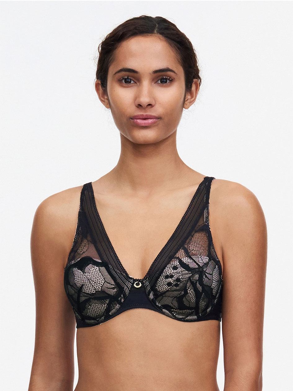 Black Women Chantelle True Lace Comfort Plunge Bras | BSW1850UX