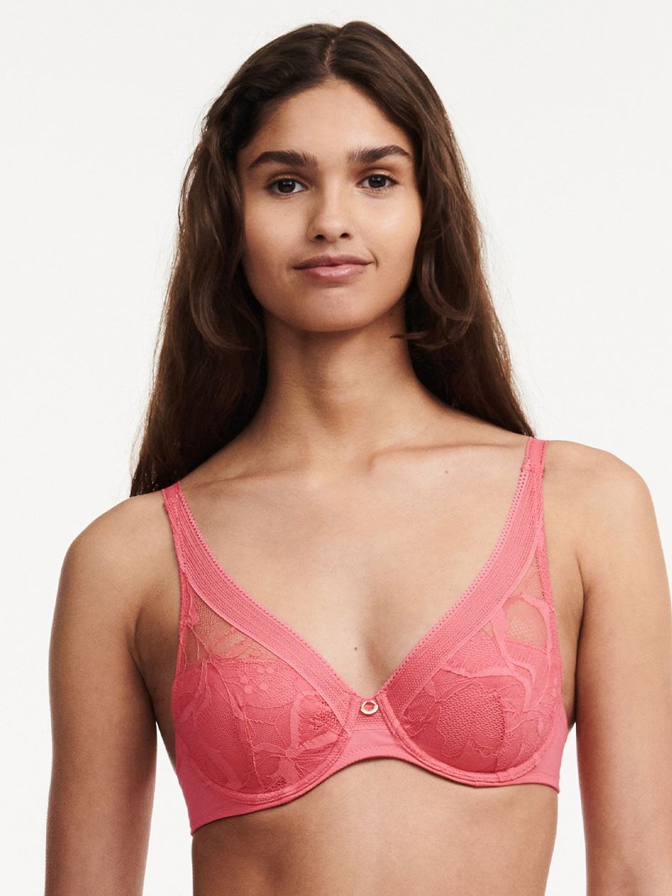 Rose Pink Women Chantelle True Lace Comfort Plunge Bras | DSB1089VI